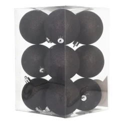 12 Black Glitter Christmas Baubles In Convenient Box