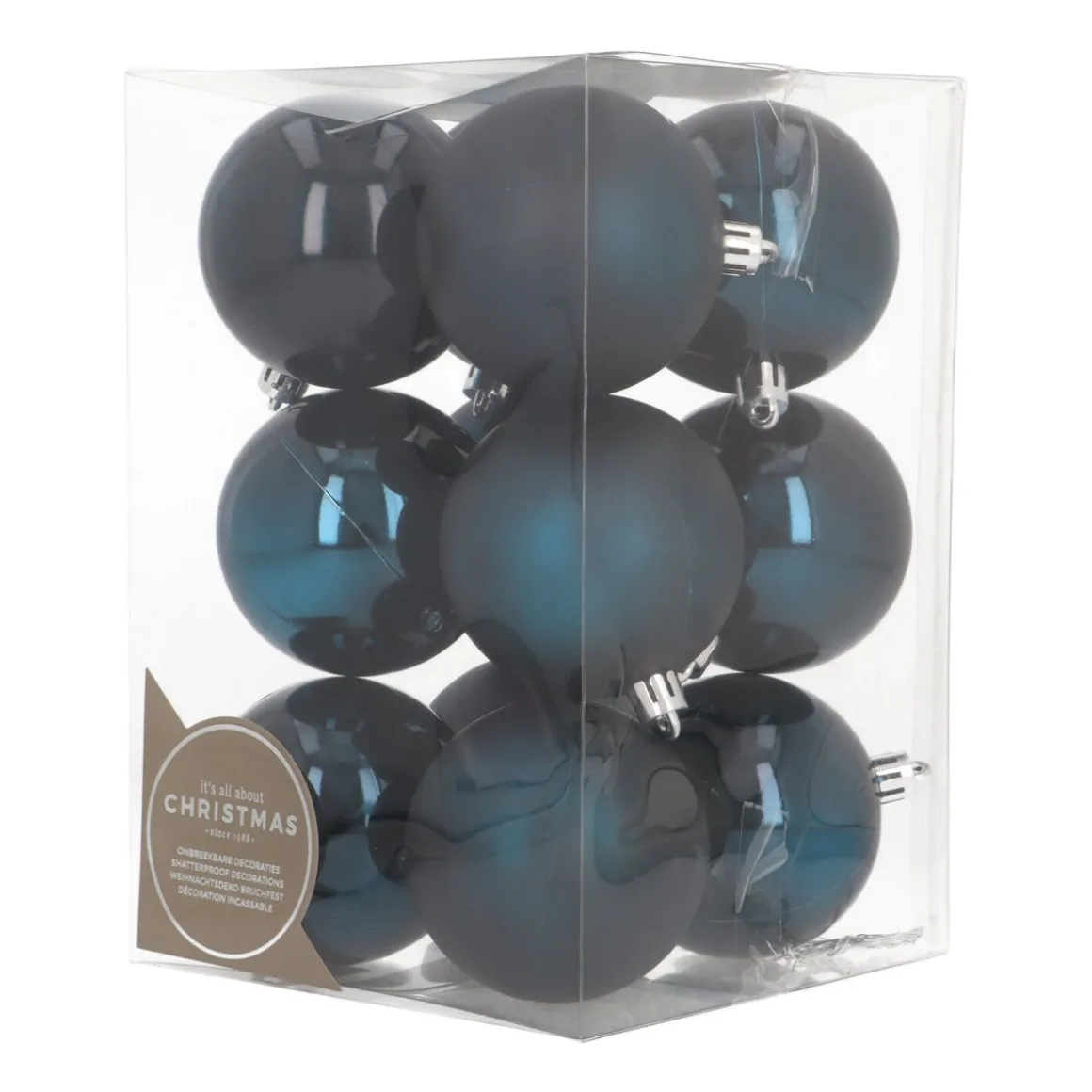 12 Dark Blue Christmas Baubles In Convenient Box