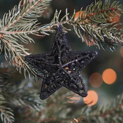 4 Glitter 3D Christmas Stars 8cm Black