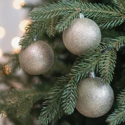 12 Light Gold Glitter Christmas Baubles In Convenient Box