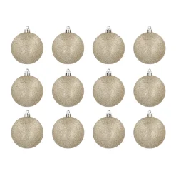 12 Light Gold Glitter Christmas Baubles In Convenient Box