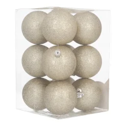 12 Light Gold Glitter Christmas Baubles In Convenient Box