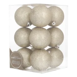 12 Light Gold Glitter Christmas Baubles In Convenient Box