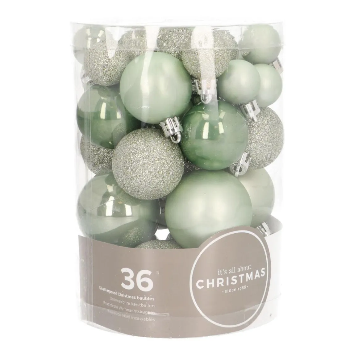36 Mini Shatterproof Baubles 2,5-5cm Eucalyptus