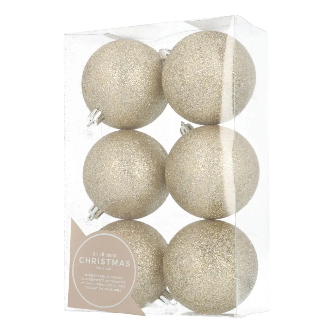 6 Shatterproof Christmas Baubles Glitter 7cm Champagne