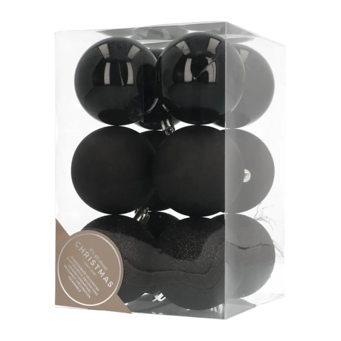 12 Shatterproof Christmas Baubles Black 7 Cm