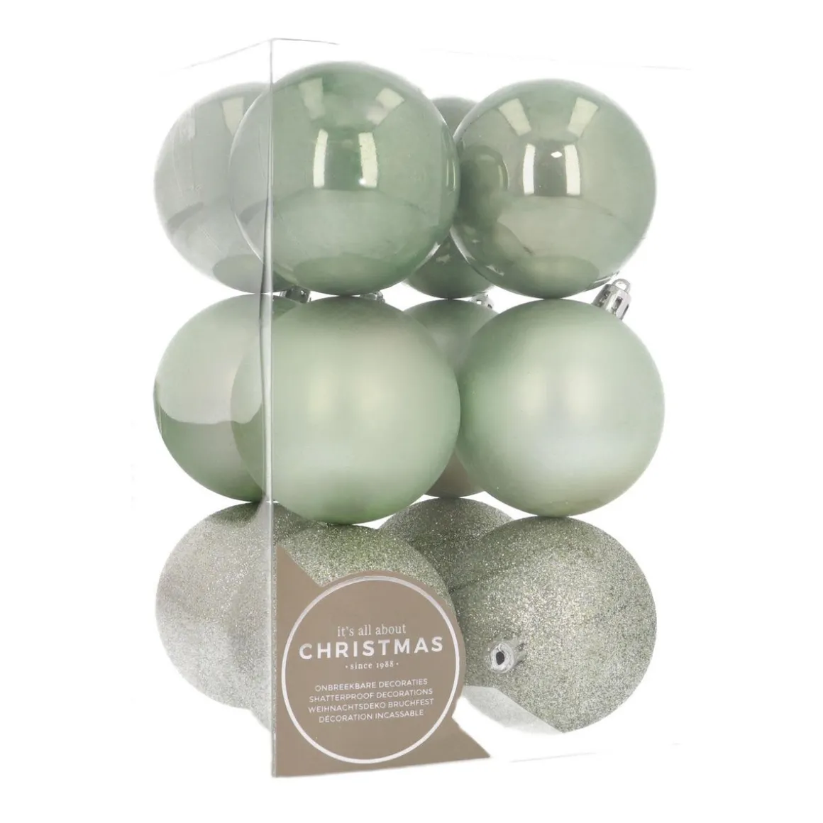 12 Shatterproof Christmas Baubles 7cm Eucalyptus