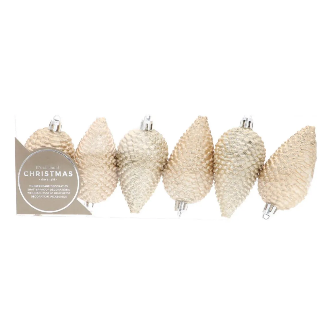 6 Shatterproof Pine Cones 9cm Light Gold