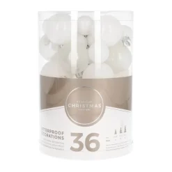 36 Small Shatterproof Christmas Baubles White Mix In Box