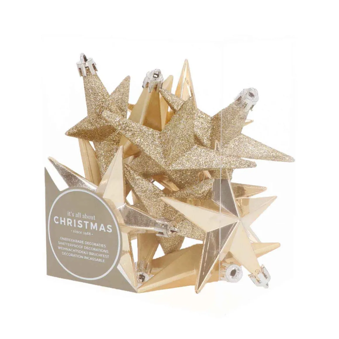 12 Star-shaped Pendants | 10cm | Light Gold | Shatterproof