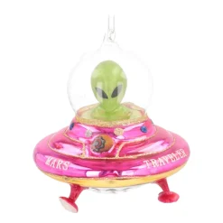 Alien In UFO Christmas Ornament | Glass | Pink-yellow-green | 12cm