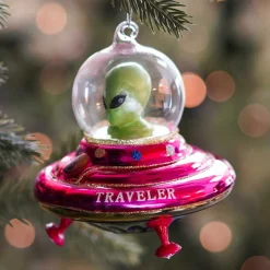 Alien In UFO Christmas Ornament | Glass | Pink-yellow-green | 12cm