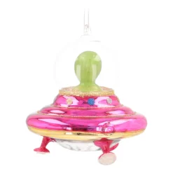 Alien In UFO Christmas Ornament | Glass | Pink-yellow-green | 12cm