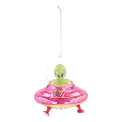 Alien In UFO Christmas Ornament | Glass | Pink-yellow-green | 12cm