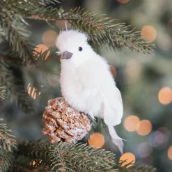 Bird On Cone Hanging Ornament 12cm Beige