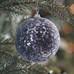 Black Christmas Bauble With Sequins | Shatterproof | 8 Cm