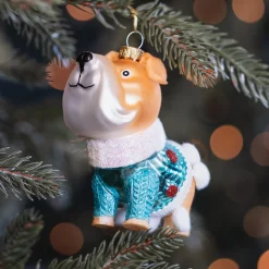 Bulldog Ornament With Blue Winter Sweater