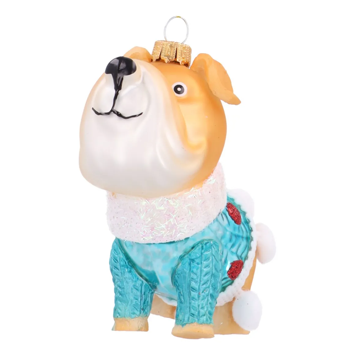 Bulldog Ornament With Blue Winter Sweater