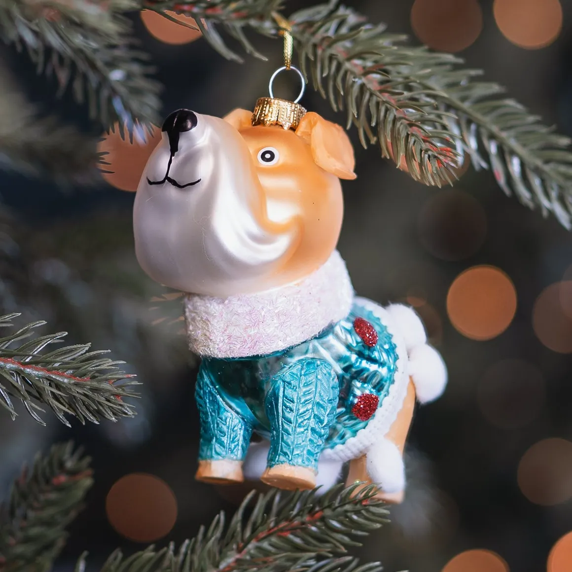 Bulldog Ornament With Blue Winter Sweater