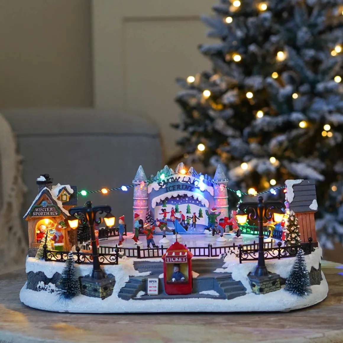 Christmas Village Ice Rink | 8 Moving Skaters | LED Lighting | Music | 42cm Wide