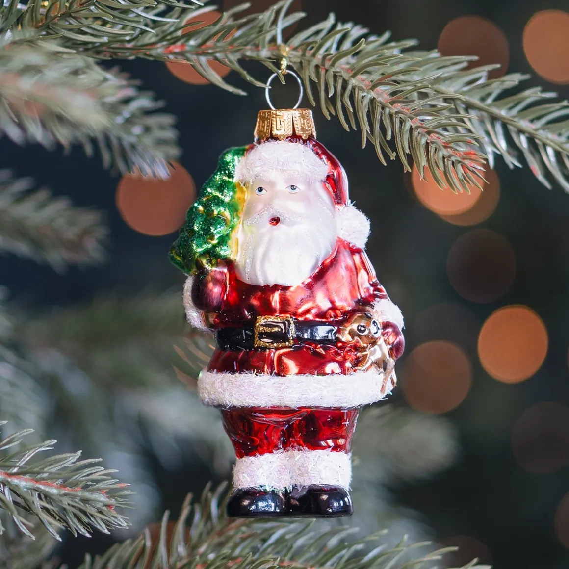 Classic Glass Santa Ornament With Bell And Candy Cane
