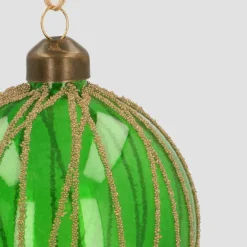 Clear Glass Bauble With Stripes | Dark Green | 8 Cm