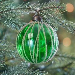 Clear Glass Bauble With Stripes | Dark Green | 8 Cm