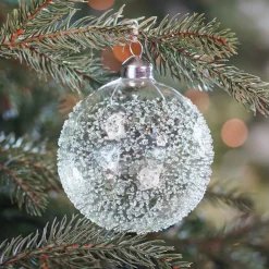 Clear Glass Christmas Baubles With Splinters 10cm Eucalyptus