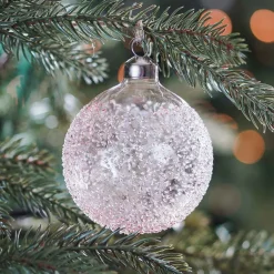 Clear Glass Christmas Baubles With Splinters 8cm Pink