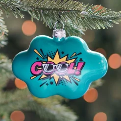 Cloud With Text Cool! Pop Art Ornament, Glass, Blue-Pink, 11cm/4.5in