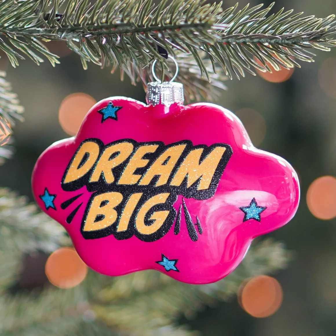 Cloud With Text Dream Big Pop Art Ornament, Glass, Pink-Yellow, 11cm/4.5in