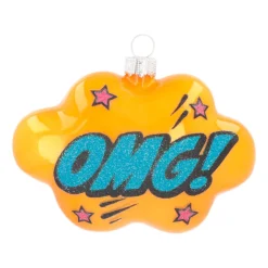 Cloud With Text OMG! Pop Art Ornament, Glass, Yellow-Blue, 11cm/4.5in
