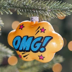 Cloud With Text OMG! Pop Art Ornament, Glass, Yellow-Blue, 11cm/4.5in