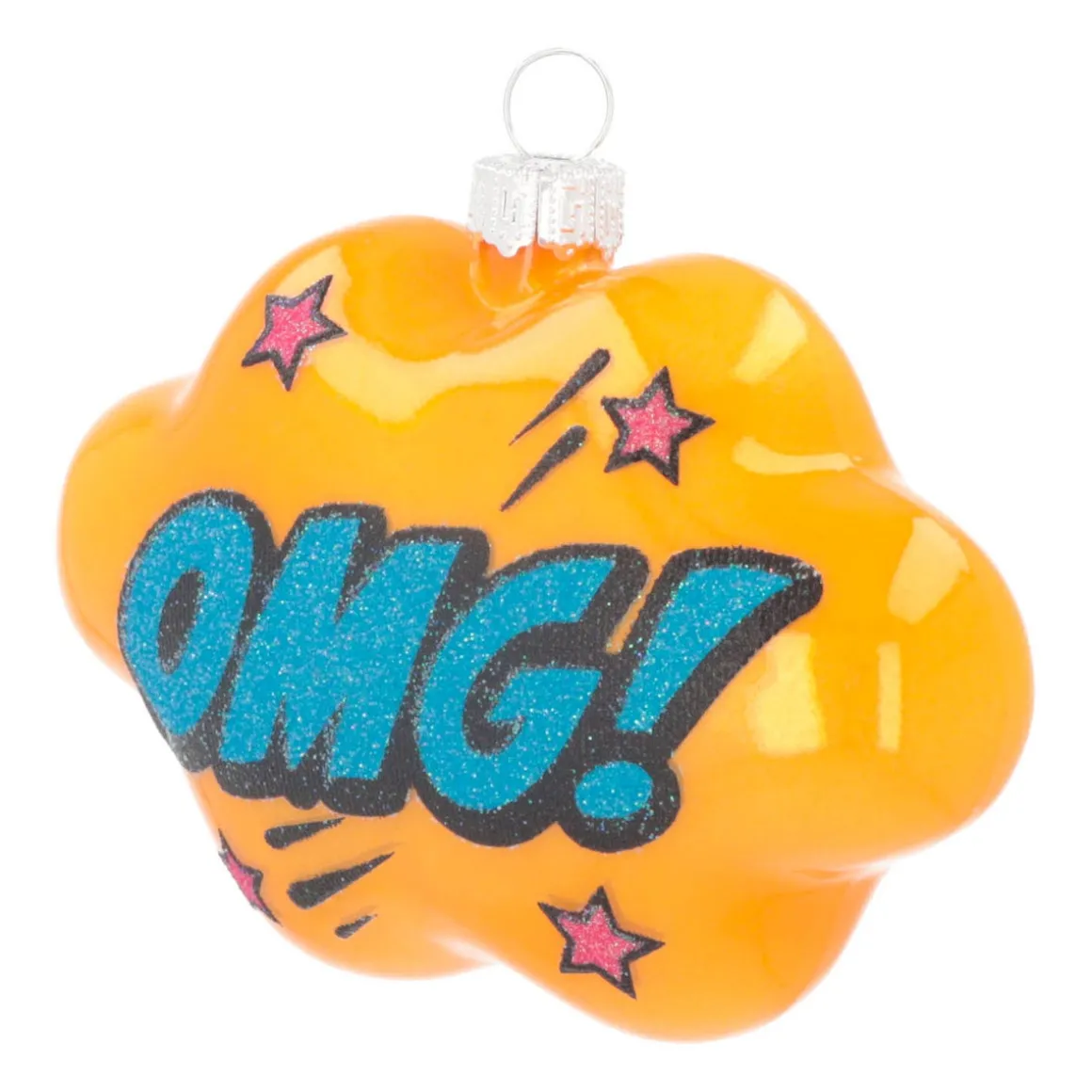 Cloud With Text OMG! Pop Art Ornament, Glass, Yellow-Blue, 11cm/4.5in