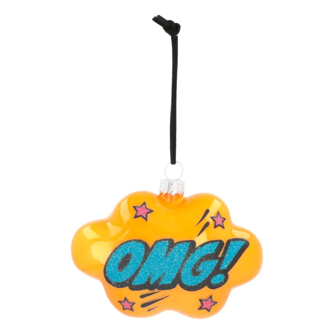 Cloud With Text OMG! Pop Art Ornament, Glass, Yellow-Blue, 11cm/4.5in