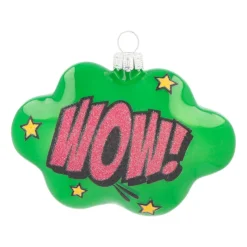 Cloud With Text Wow! Pop Art Ornament, Glass, Green-Pink, 11cm/4.5in