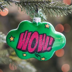 Cloud With Text Wow! Pop Art Ornament, Glass, Green-Pink, 11cm/4.5in