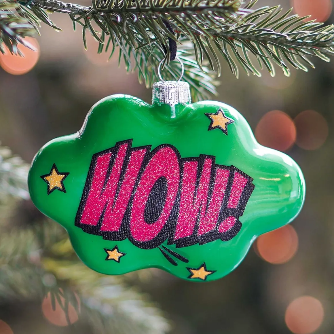 Cloud With Text Wow! Pop Art Ornament, Glass, Green-Pink, 11cm/4.5in