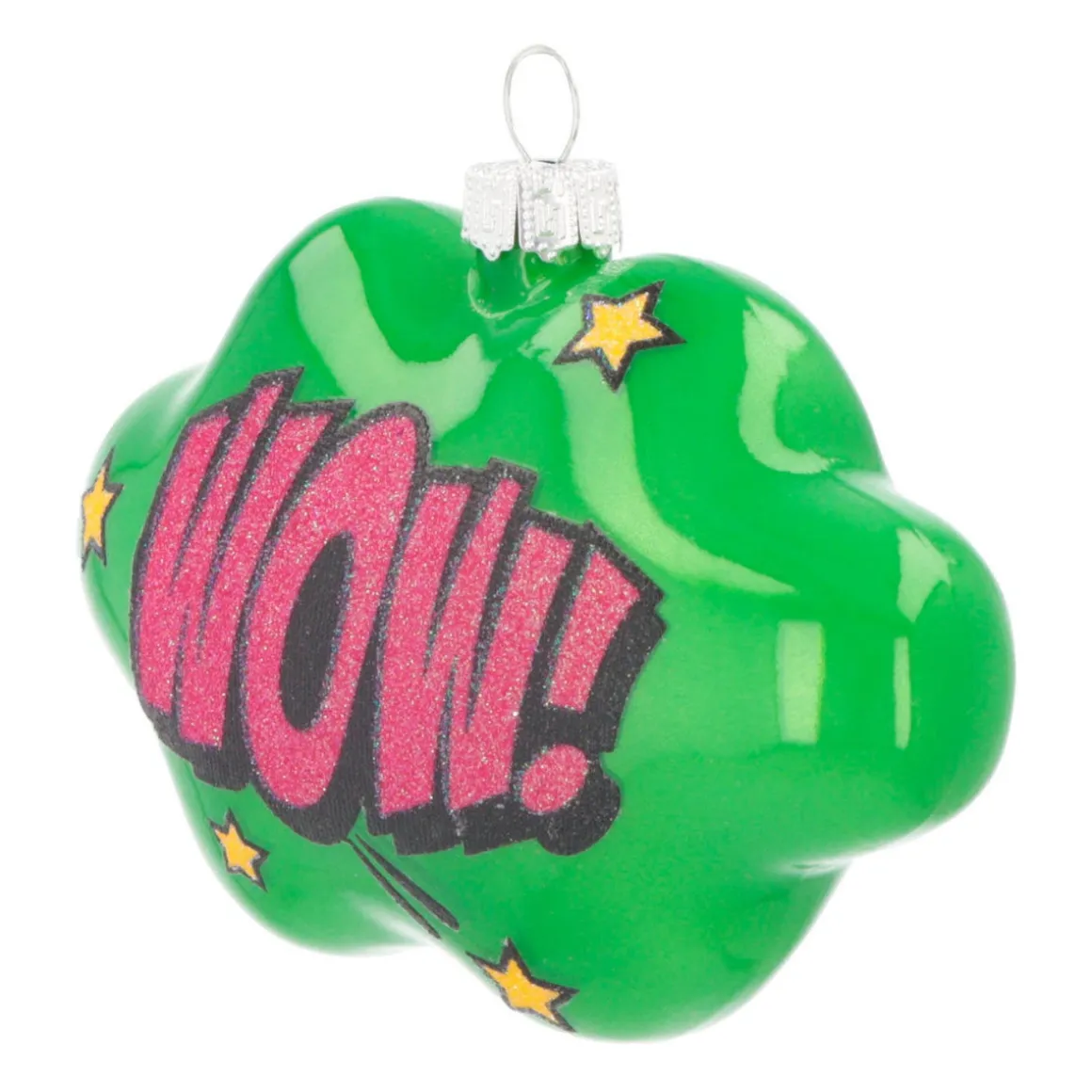 Cloud With Text Wow! Pop Art Ornament, Glass, Green-Pink, 11cm/4.5in