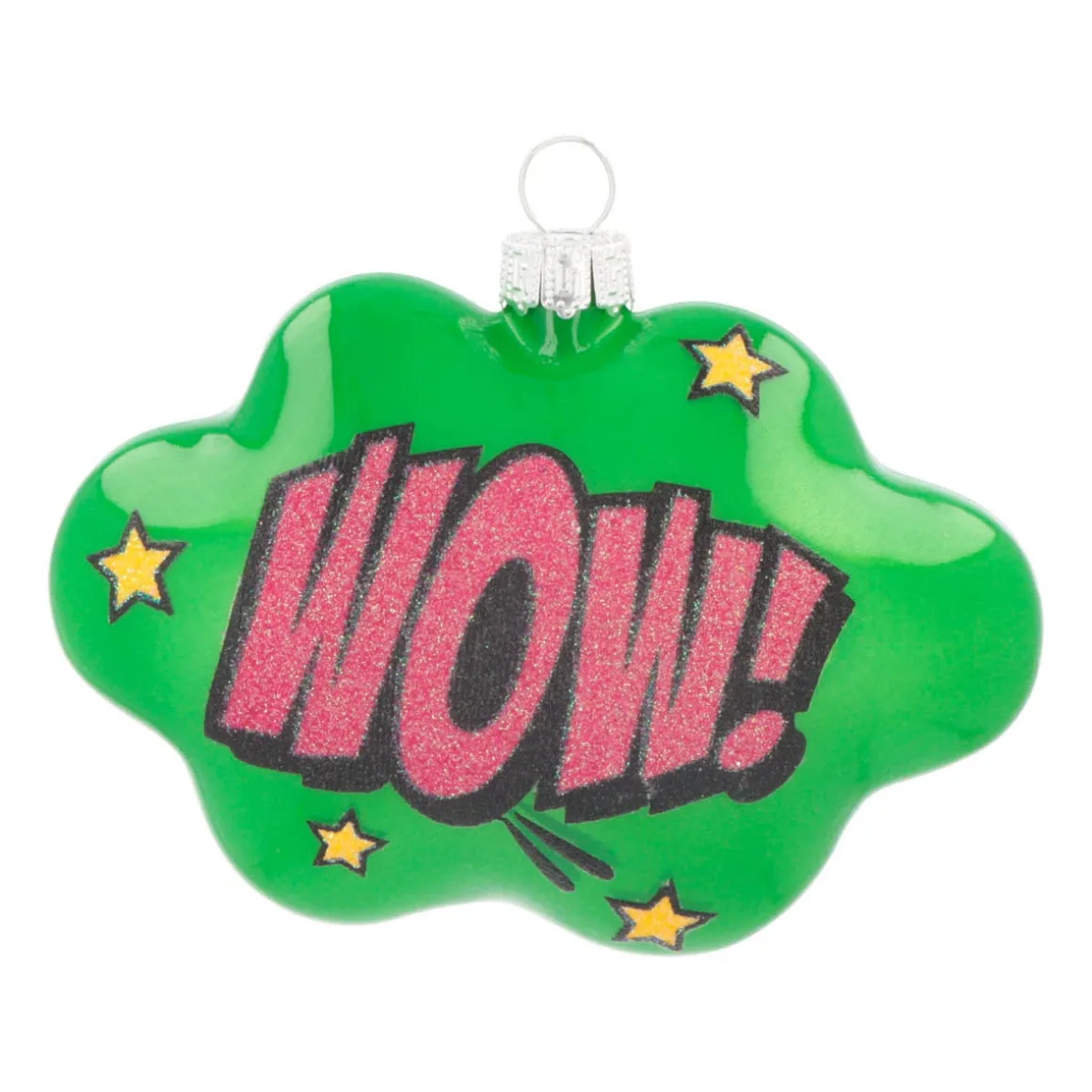 Cloud With Text Wow! Pop Art Ornament, Glass, Green-Pink, 11cm/4.5in