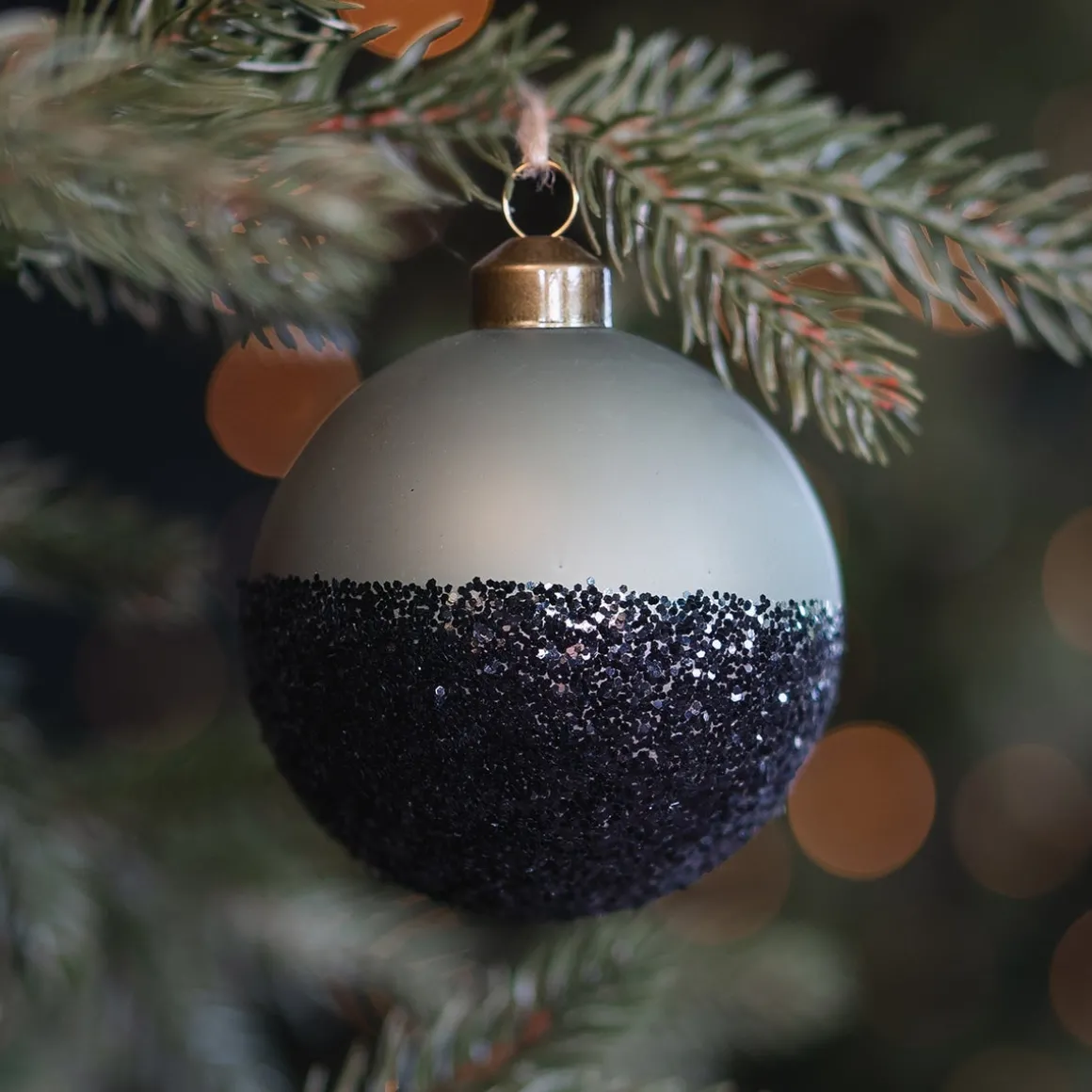 Cottage Green Christmas Bauble With Black Glitter Dip