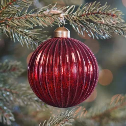 Dark Red Crackle Christmas Bauble With Glitter Lines