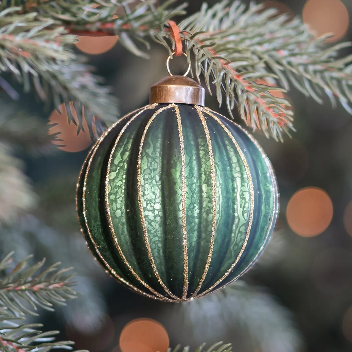 Deep Green Christmas Bauble With Gold Glitter Stripes