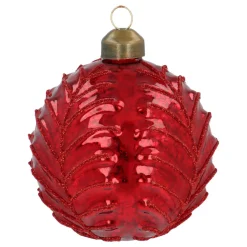 Deep Red Crackle Christmas Bauble With Leaf Motif