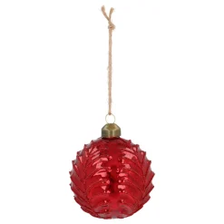 Deep Red Crackle Christmas Bauble With Leaf Motif