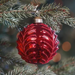 Deep Red Crackle Christmas Bauble With Leaf Motif