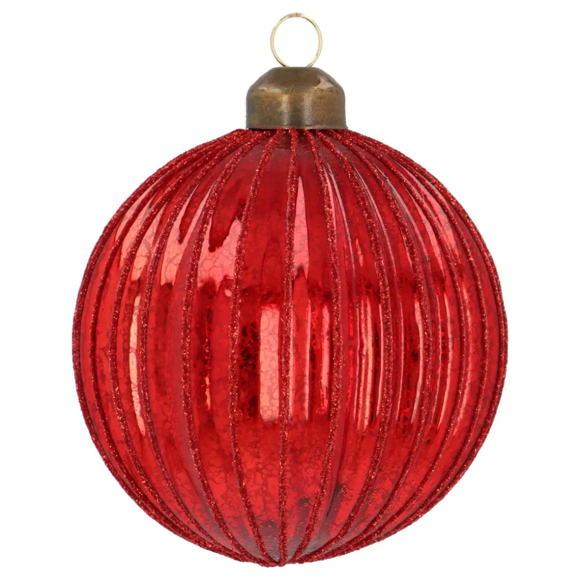 Deep Red Crackle Christmas Bauble With Glitter Lines