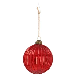 Deep Red Crackle Christmas Bauble With Glitter Lines