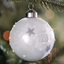 Elegant Glass Christmas Bauble Stars & Snow 8cm White