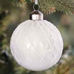 Elegant Glass Christmas Bauble With Fine Lines 8cm White